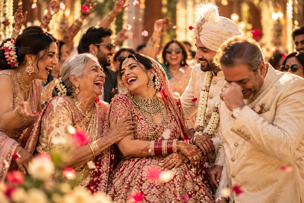 Bride laughing with her grandmother and relatives as guests throw flower petals at a wedding