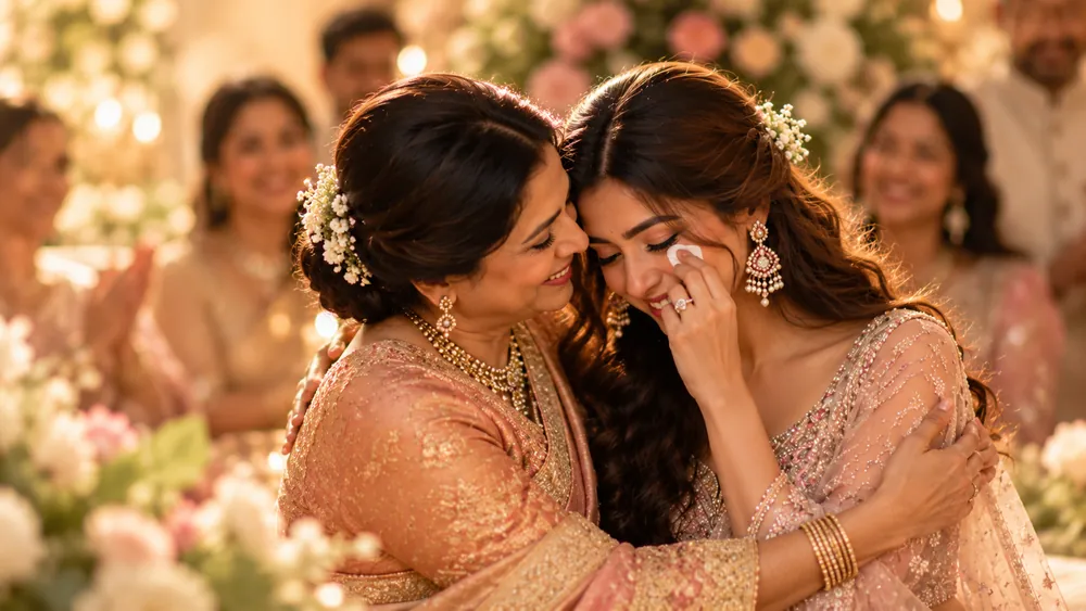 Bride wiping a happy tear as her mother hugs her