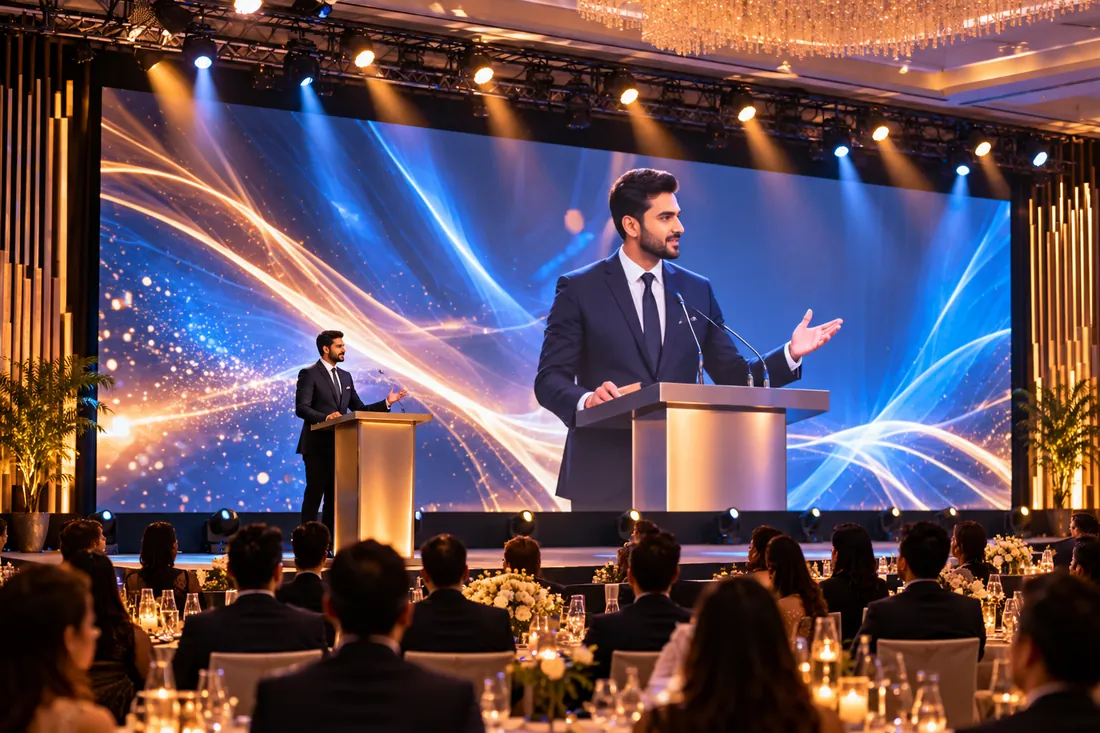 Flat indoor LED video wall behind a speaker on a conference stage