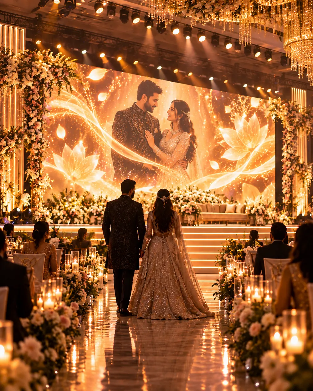 Couple walking towards an LED video wall backdrop on a wedding reception stage