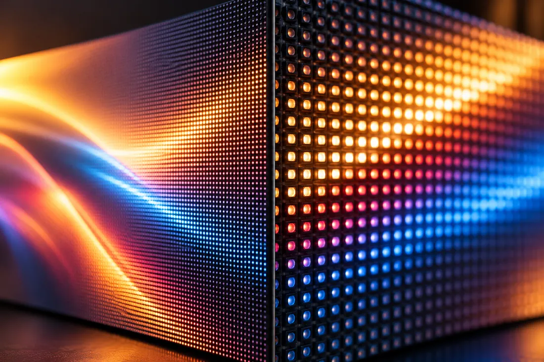 Close-up of an LED video wall showing the individual pixels and how colour blends across the panel
