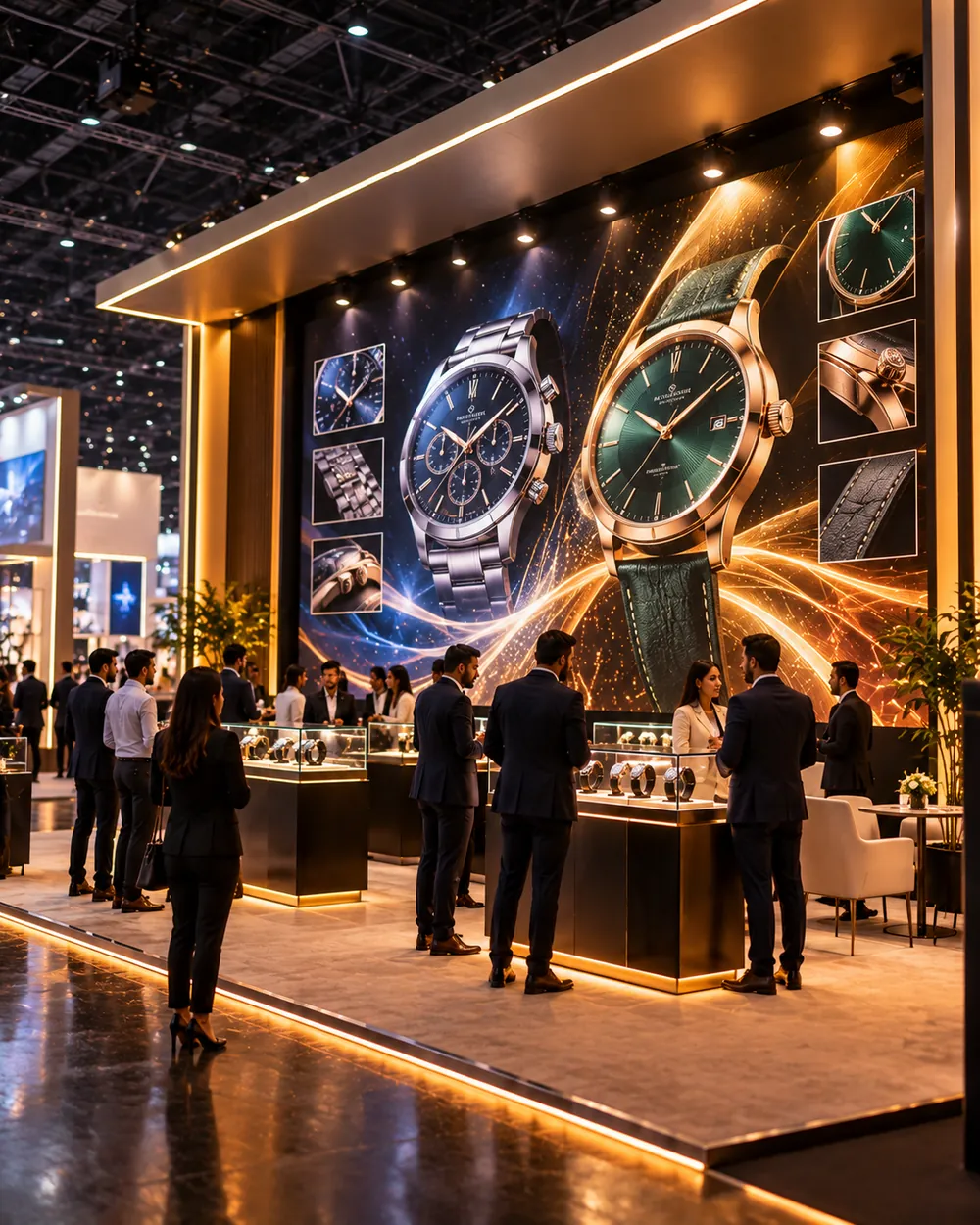 LED video wall at an exhibition stall with visitors at the display counters
