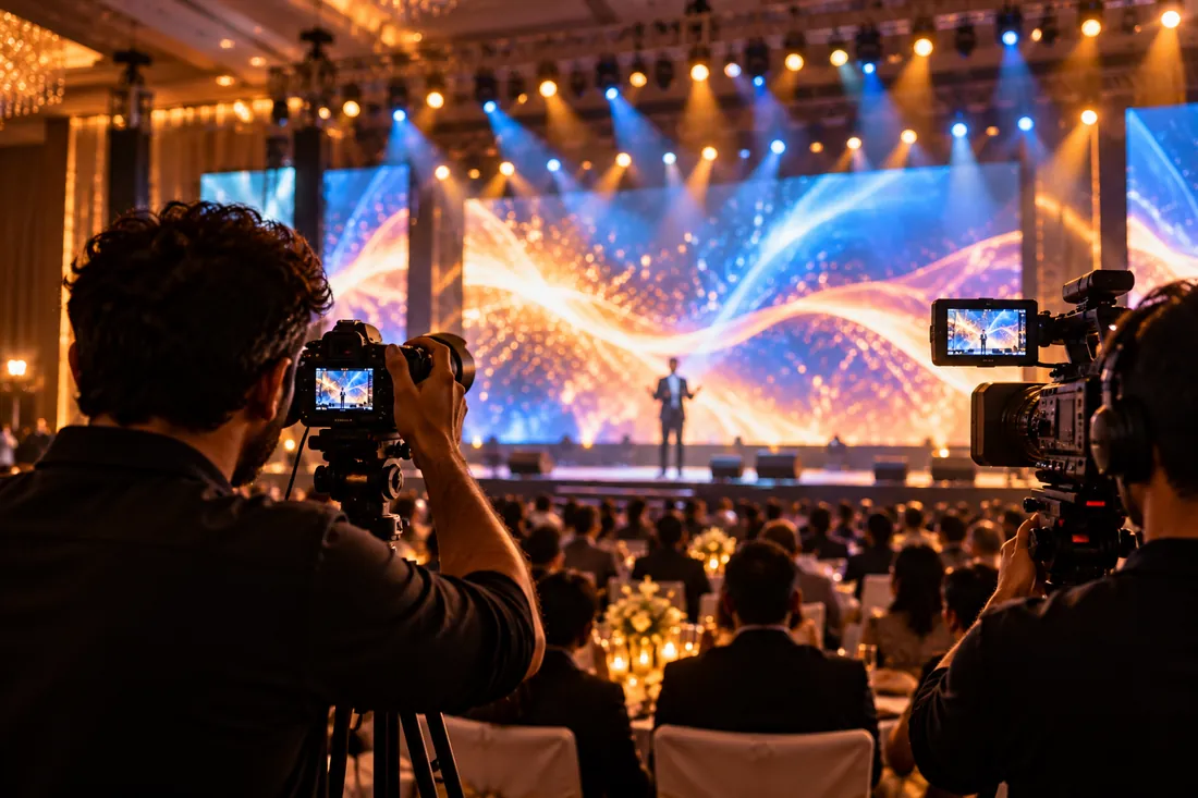 Photographer and videographer shooting an event stage with a large LED video wall