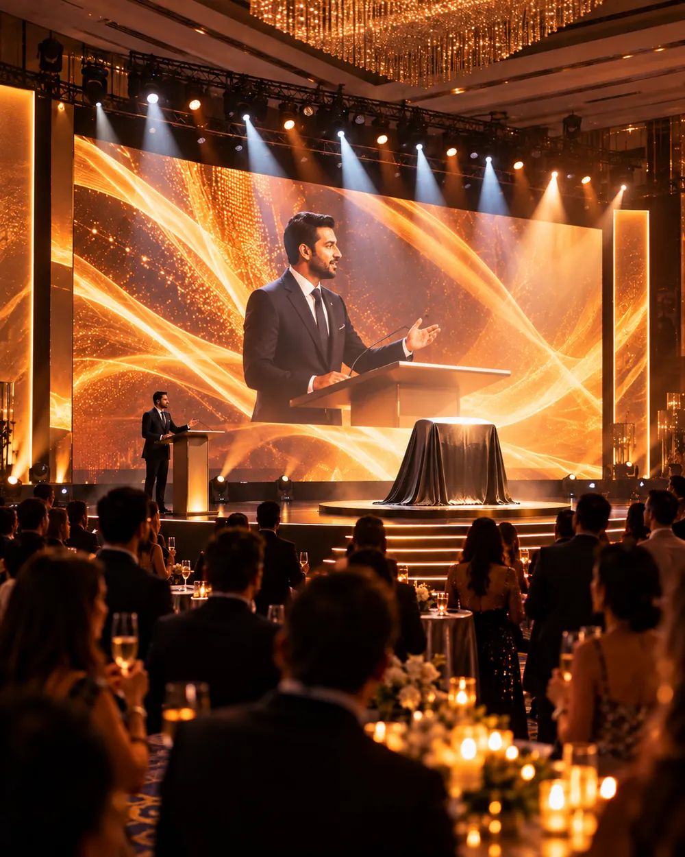 Speaker at a podium in front of a large LED video wall on a corporate event stage