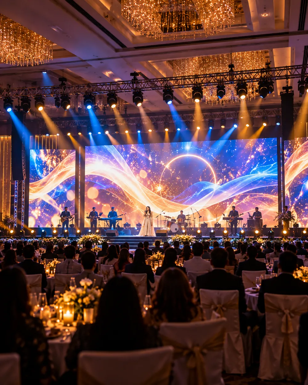 Ballroom event with a wide LED video wall behind the performers