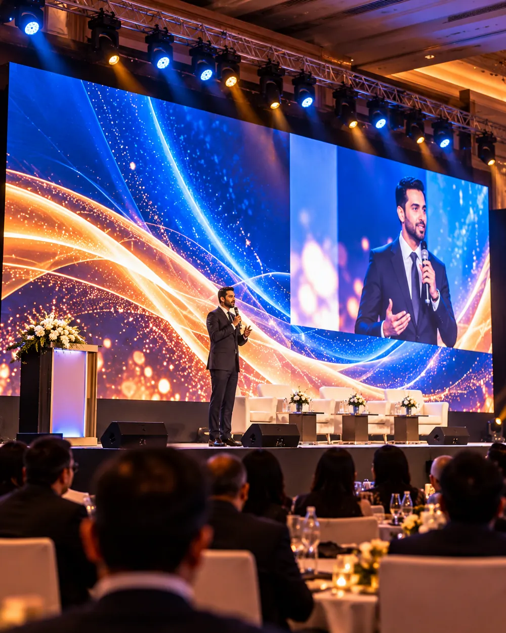 Speaker on a conference stage in front of a large LED video wall with a live close-up