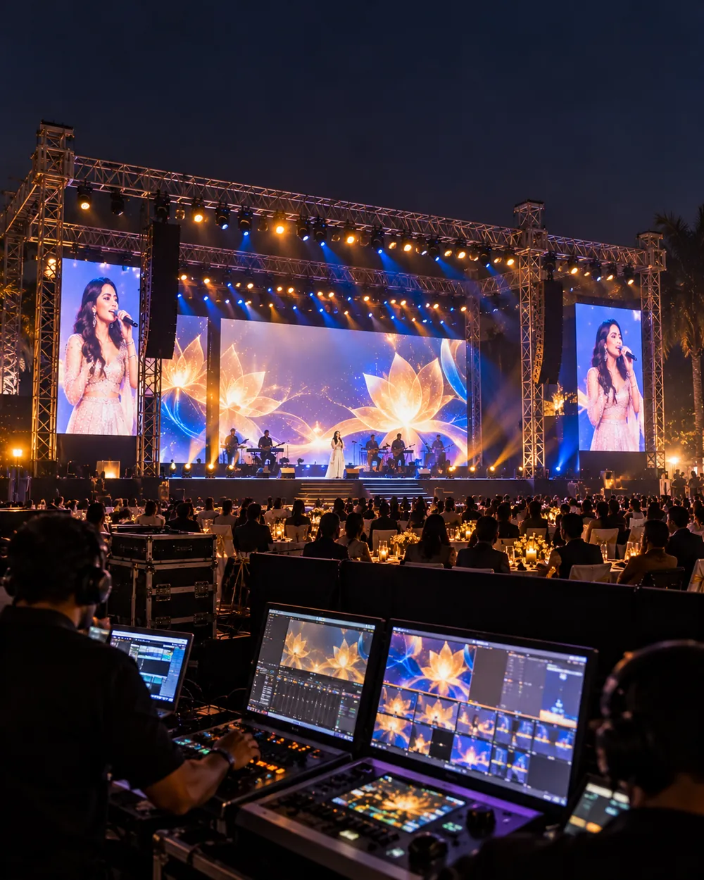 Outdoor event stage with large LED screens and a video control desk in the foreground