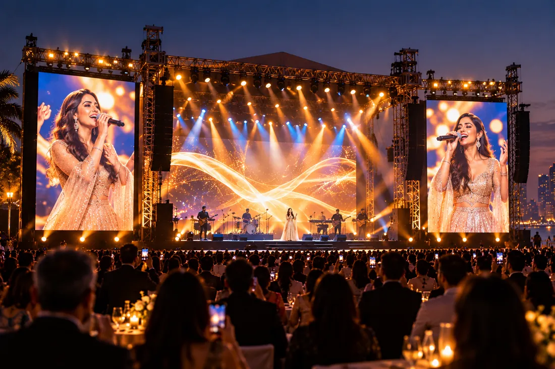Large outdoor LED screens beside a stage at an evening event in an open ground