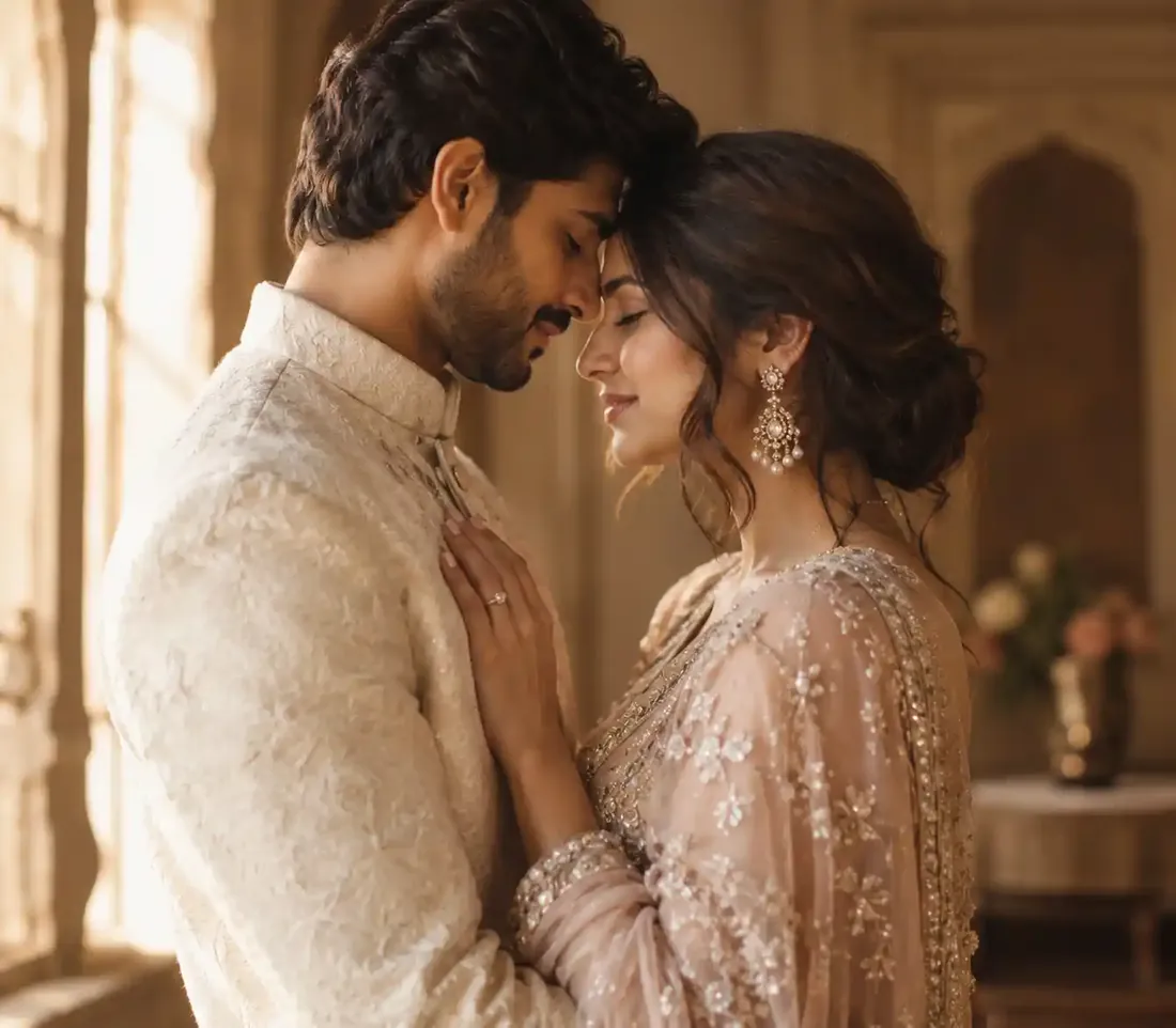 Couple standing forehead to forehead with eyes closed in a softly lit heritage hall, her hand on his chest