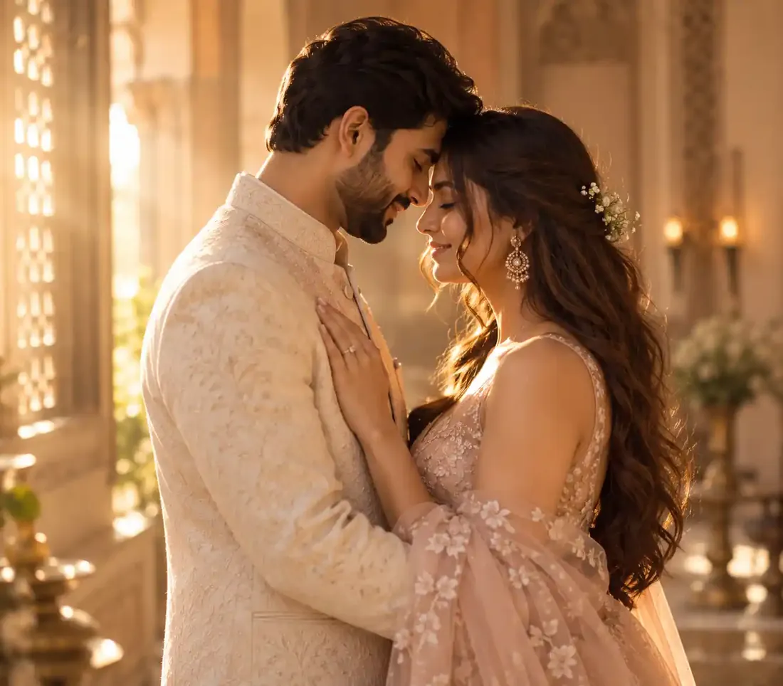Couple sharing a quiet embrace in golden window light, forehead to forehead and smiling