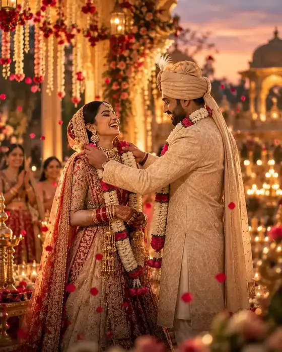 Bride and groom exchanging flower garlands during a wedding ritual with family around them