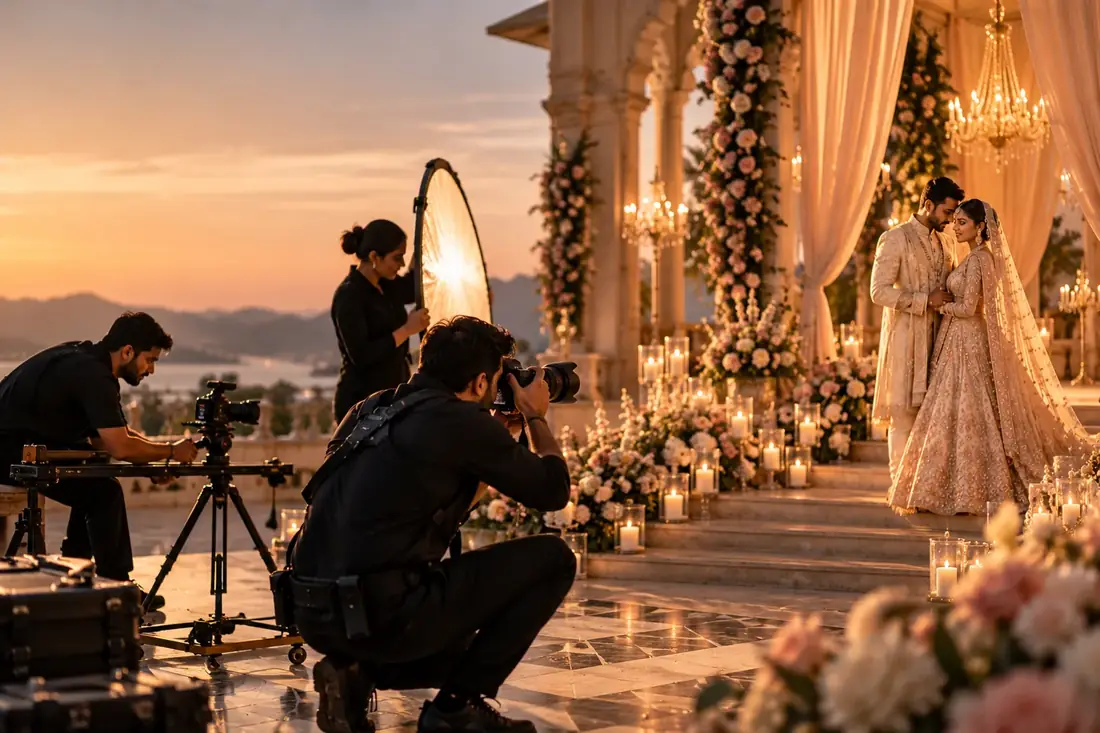 Photographer and cinematographer working beside a couple during a sunset wedding ceremony