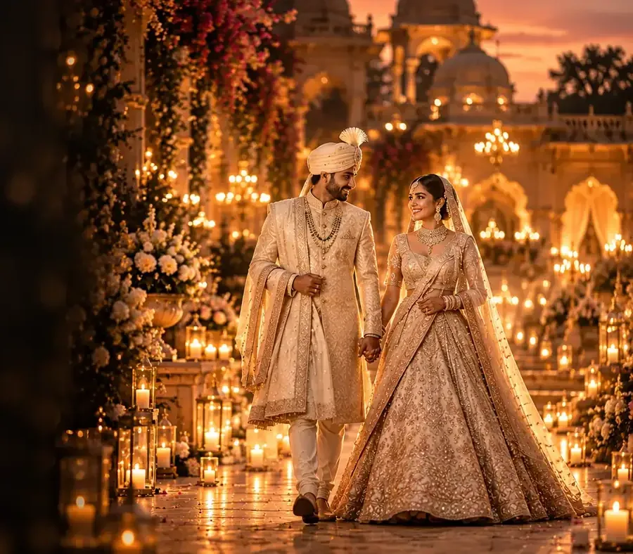 Wedding couple walking together among candles in a decorated venue