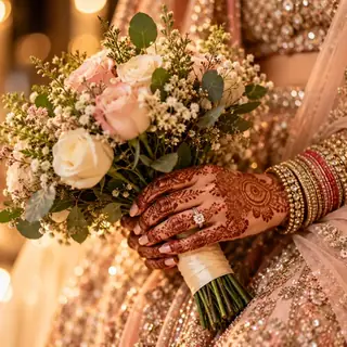 Bridal bouquet and henna-decorated hands in close-up