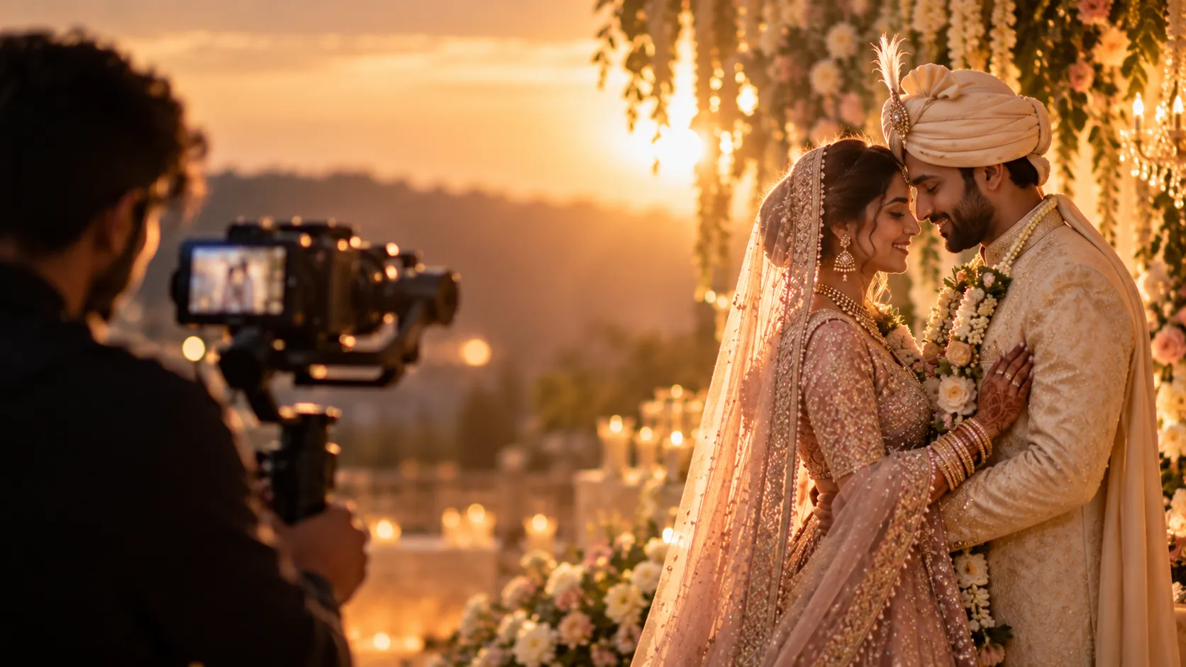 Cinematographer with a gimbal camera filming a bride and groom embracing at a sunset wedding