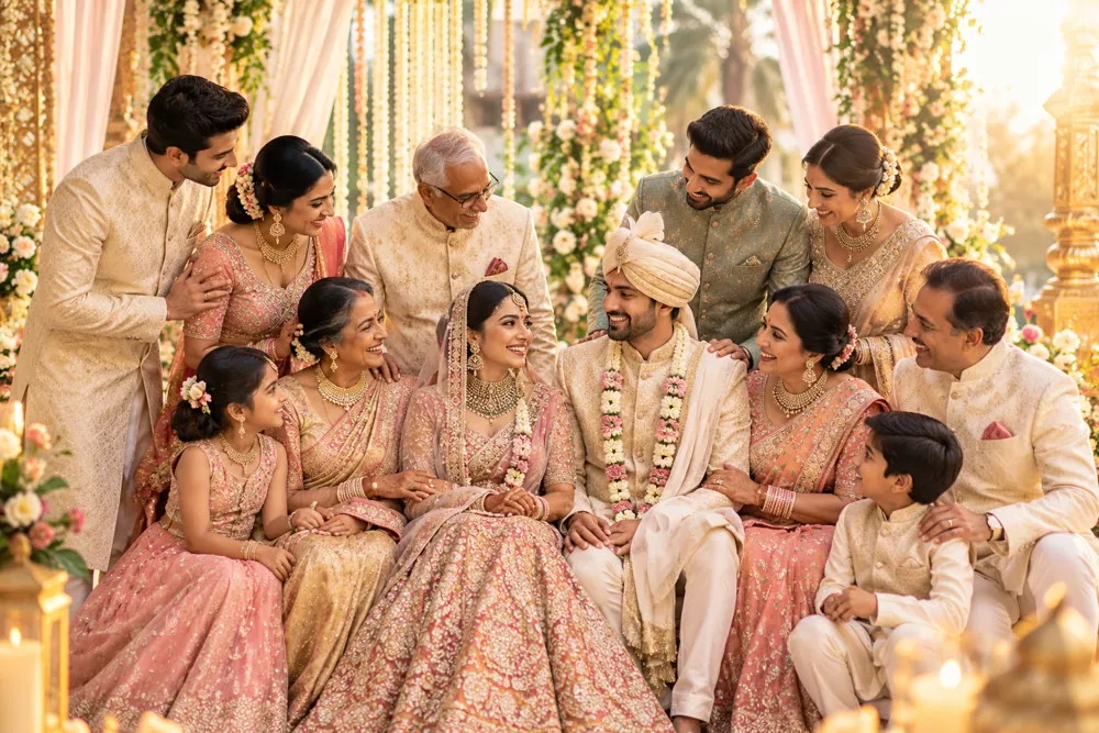 Bride, groom and extended family seated together and smiling at their wedding